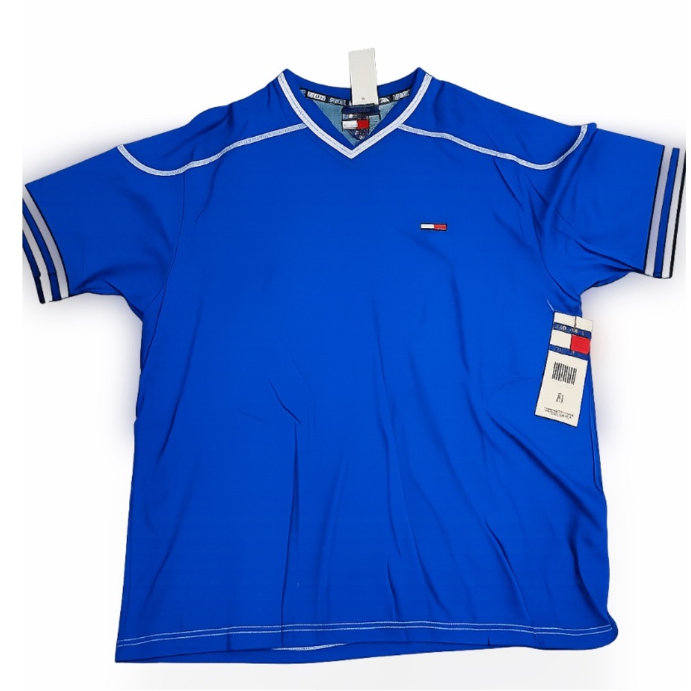 Vintage Tommy Jeans V-Neck Shirt XL Blue 90s Y2K Flag Logo Mens NEW‎ Old Stock